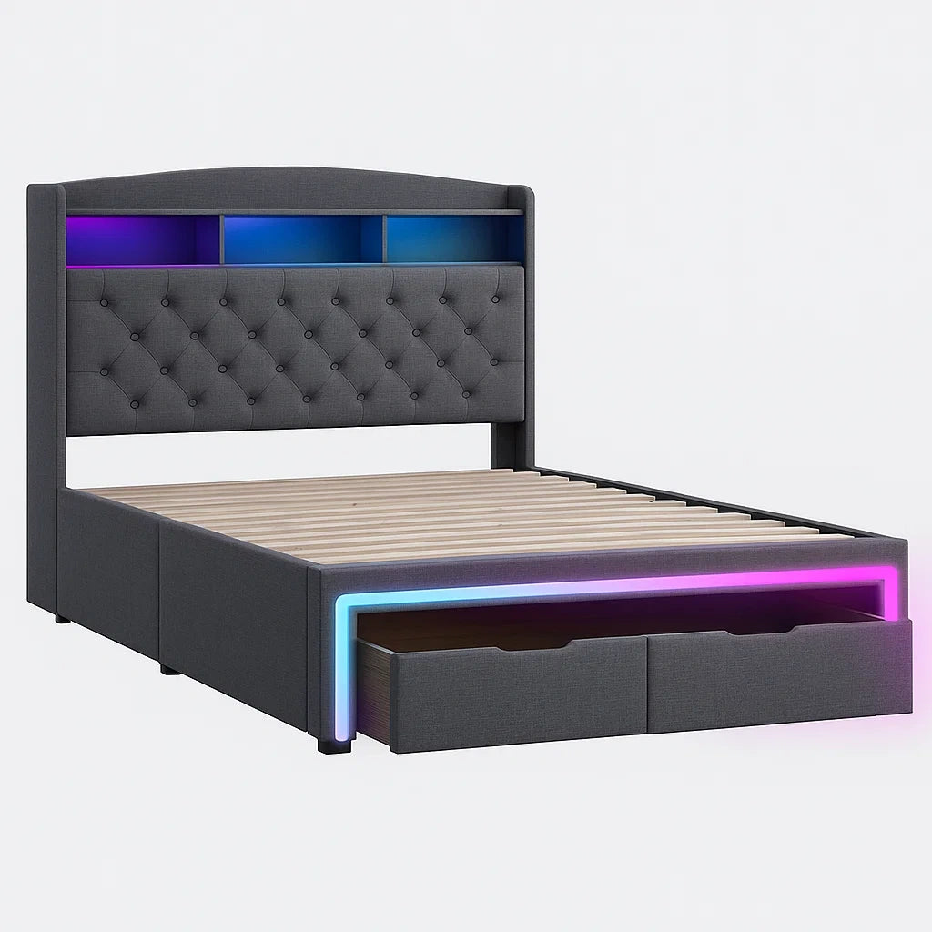 Polsterbett mit LED-Beleuchtung und Stauraum 140x200cm Leinenstoff Grau
