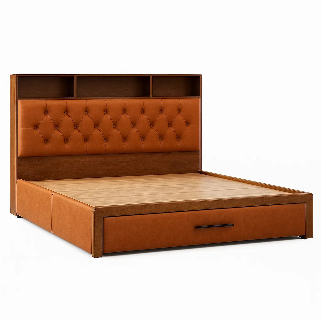 Holzbett mit Regal im Kopfteil und Kunstleder 200x160 cm