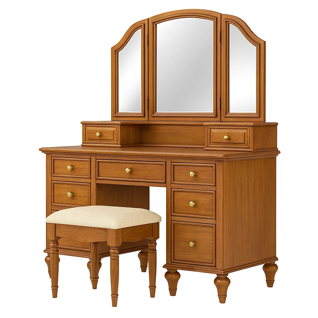 Frisiertisch-Set aus Holz mit Spiegel und Hocker Braun