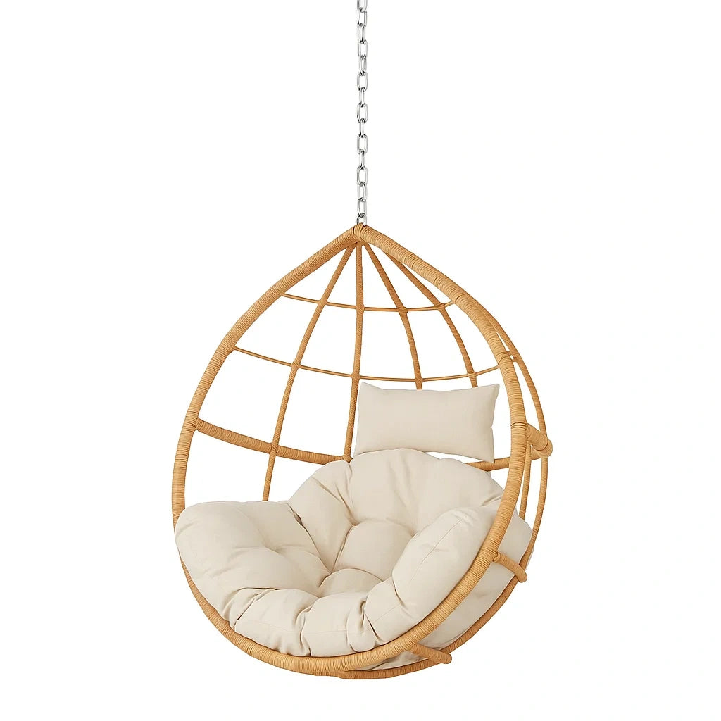 Rattan Hängesessel mit Polyesterkissen und Kette, Beige