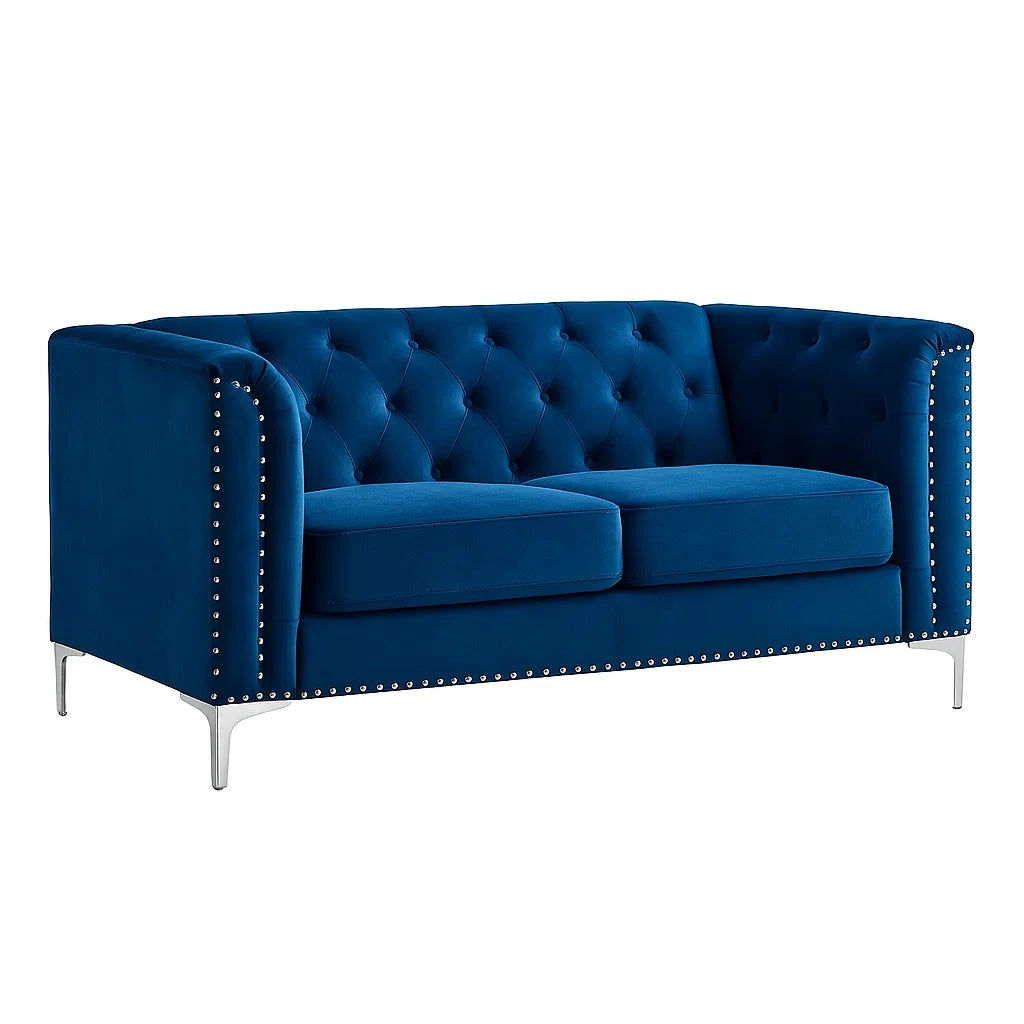 Blaues Samtsofa mit Metallbeinen 2-Sitzer