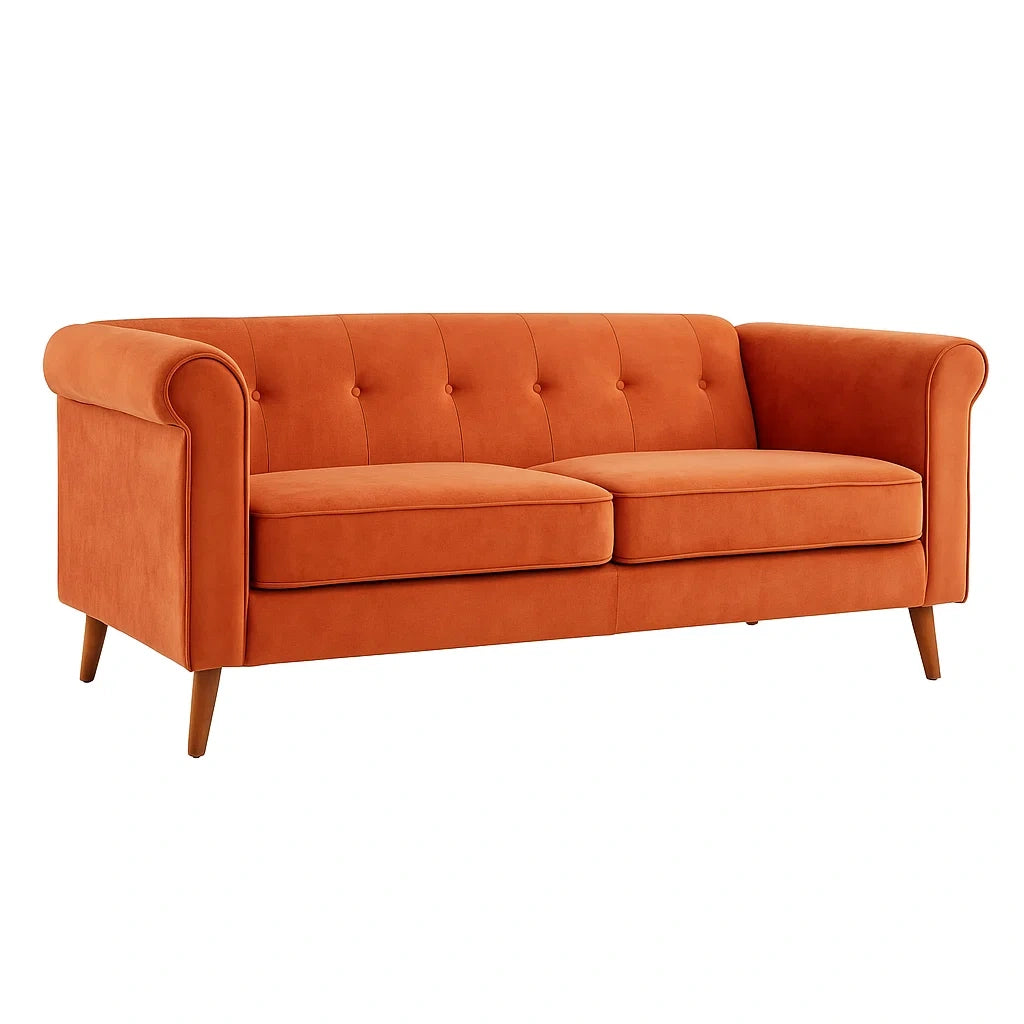 Samtsofa Orange Holzbeine Dreisitzer 220cm