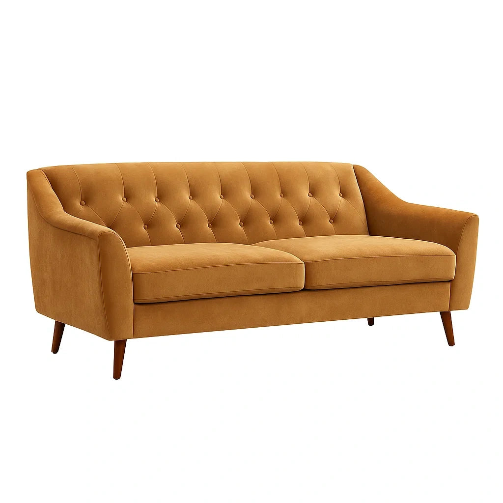 3-Sitzer Sofa aus Samt in Goldgelb mit Holzbeinen