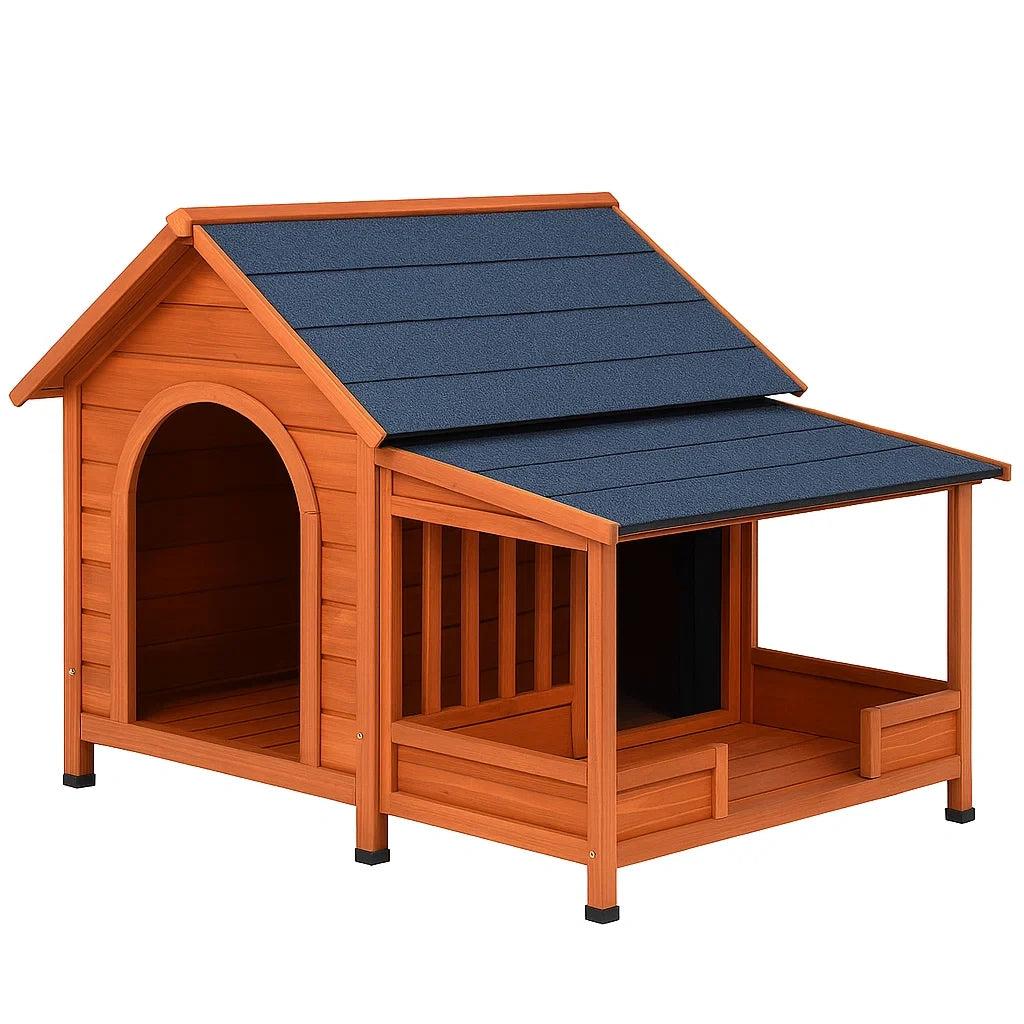 Hundehütte Holz mit Veranda Hellbraun/Blau 128 cm