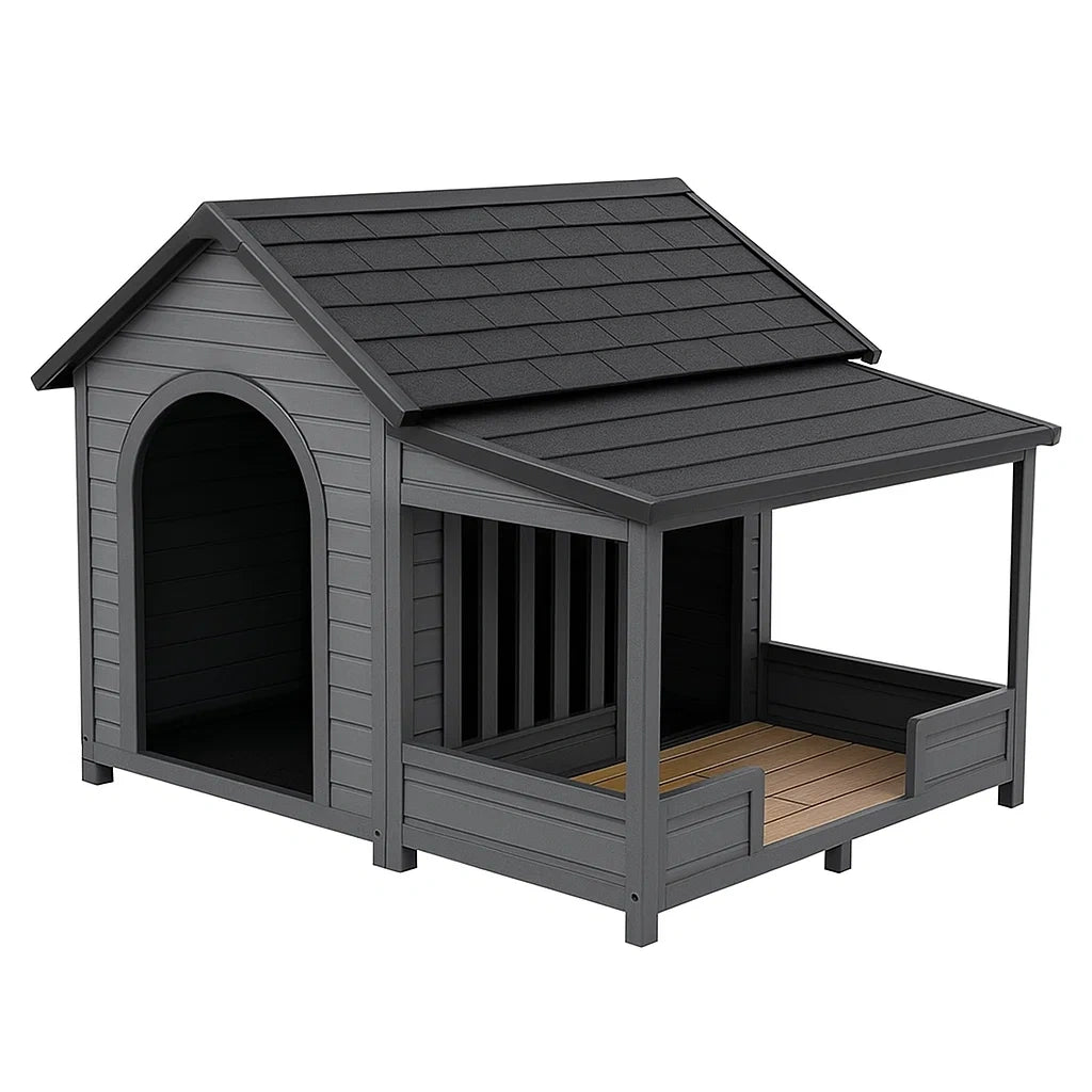 Graue Hundehütte aus Kunststoff mit Veranda