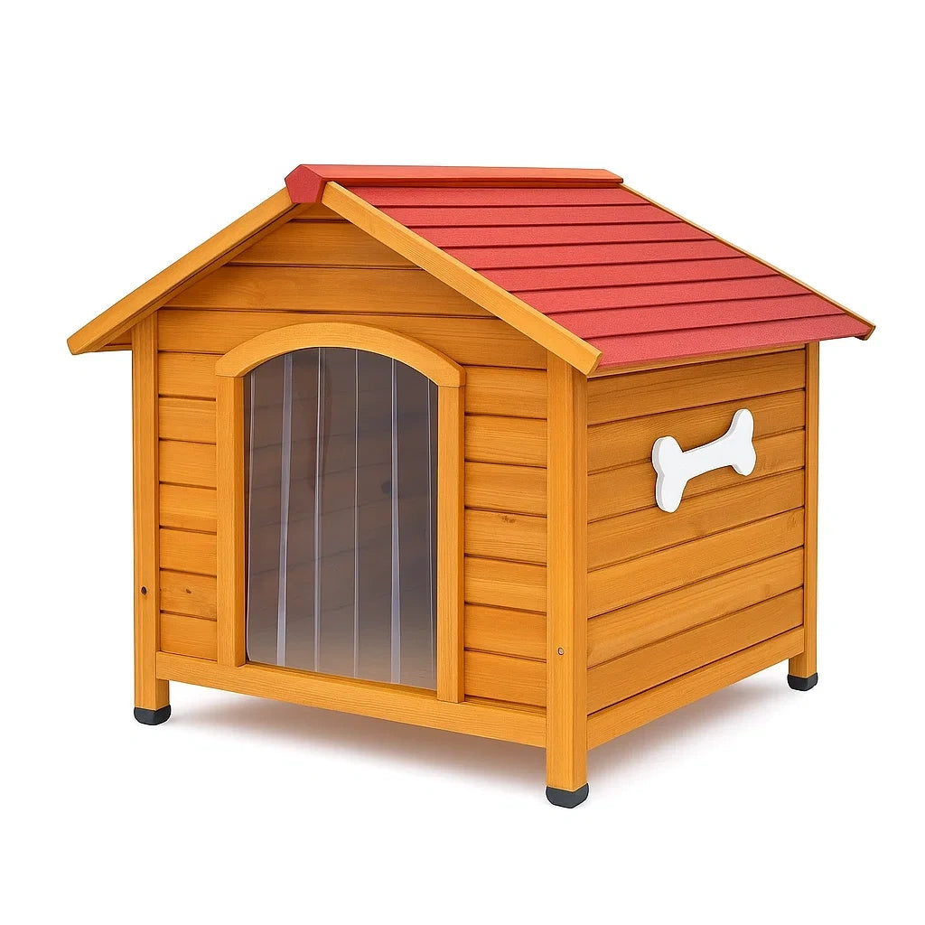 Holz Hundehütte mit Rotem Dach und Polycarbonat-Tür, 75x90x75 cm