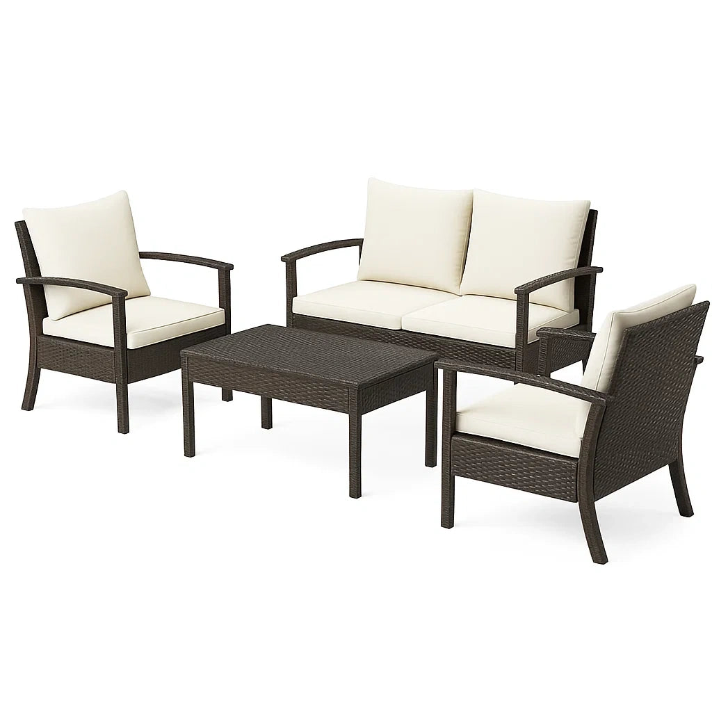 4-teiliges Gartenmöbel-Set Stahlrahmen PE-Rattan Dunkelbraun Beige